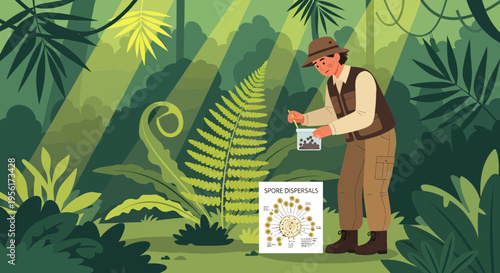 Explorer studying rare plant in lush jungle environment.