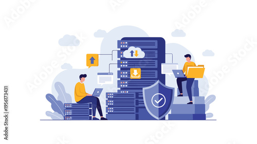 Group of IT professionals managing and securing data on massive server racks protected by a digital security shield icon.
