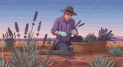 Farmer harvesting lavender in a field wearing a hat and gloves.