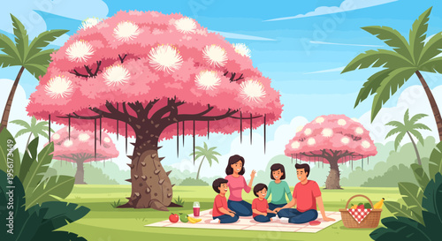 Family enjoying picnic under whimsical pink mushroom trees.