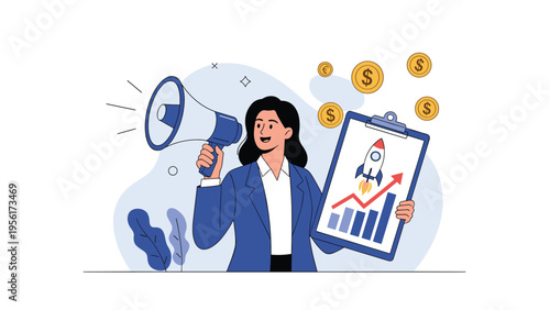 Energetic businesswoman announcing rapid growth and success with a megaphone and a rocket launch performance growth chart.