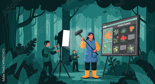 Filming nature documentary in forest with crew and equipment.