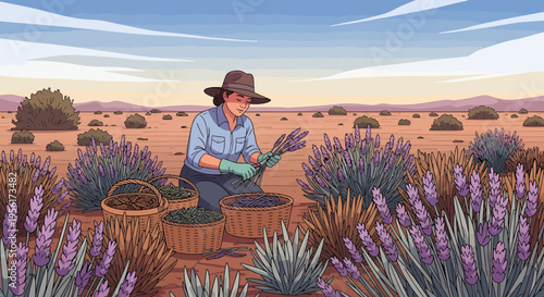 Farmer harvesting lavender in a field.