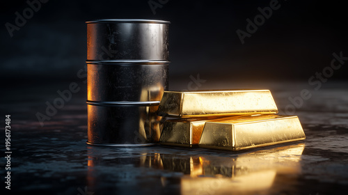 Gold bar oil barrel symbolize global commodity market trade investment economy.
