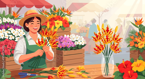 Florist arranging vibrant tulips at market stall.