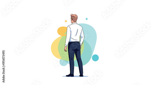 Back view of a businessman looking towards a future vision or abstract colorful shapes representing new ideas and goals.