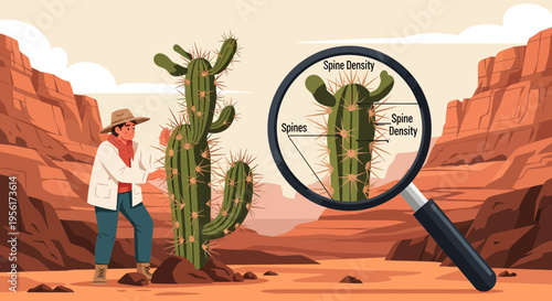 Man examines cactus with magnifying glass in desert landscape.