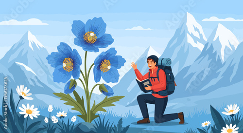 Man kneeling admiring giant blue flower in mountains.