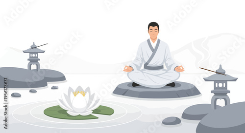 Man in white robe meditating peacefully in zen garden.