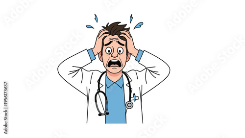 Stressed and overwhelmed male doctor in a white coat with a stethoscope holding his head in panic and exhaustion at work.