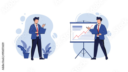 Professional businessman character presenting financial growth on a flip chart and working on a laptop for corporate reports.