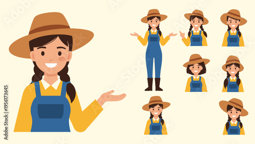 Female farmer character collection wearing a straw hat and denim overalls with various facial expressions and presentation poses.