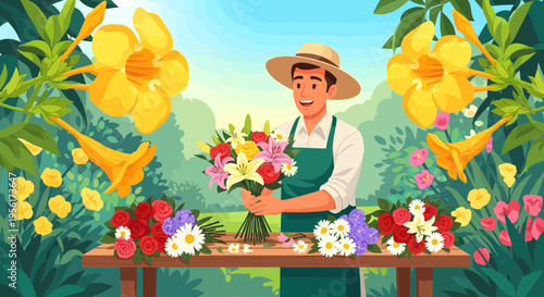 Man florist arranging beautiful bouquet of flowers.