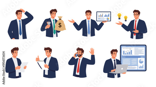 Diverse set of businessman characters showing various work-related actions like brainstorming ideas, managing money, and analyzing data.