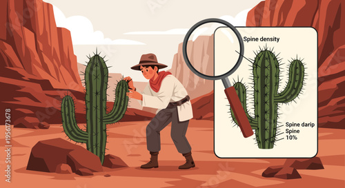 Man studying cactus with magnifying glass and diagram.