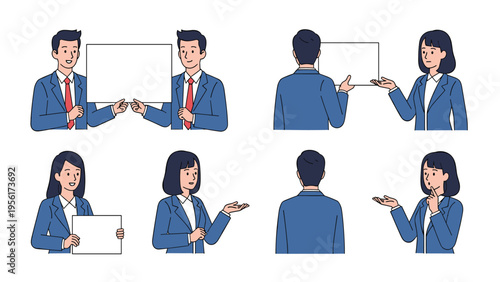 Businessmen and businesswomen in professional blue suits holding blank presentation boards and showing diverse corporate poses.