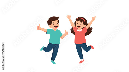 Happy cartoon children jumping with excitement and giving thumbs up to express success and positive emotions together.