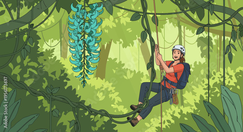 Man swinging on vine in jungle adventure.