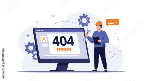 Technical support specialist in a hard hat holding a wrench next to a computer screen with a 404 error sign.