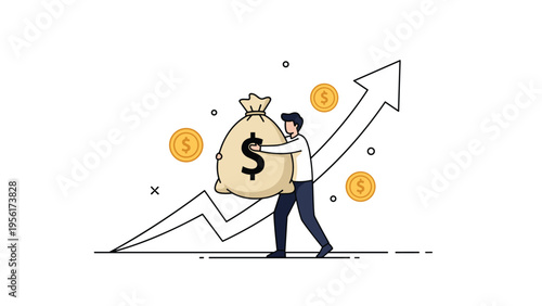 Successful businessman carrying a heavy bag of money against a background of a rising financial growth arrow.