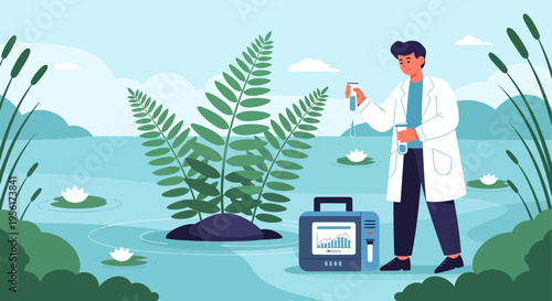 Scientist examining plant in wetland environment.