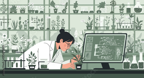 Scientist examining plant in laboratory with computer.