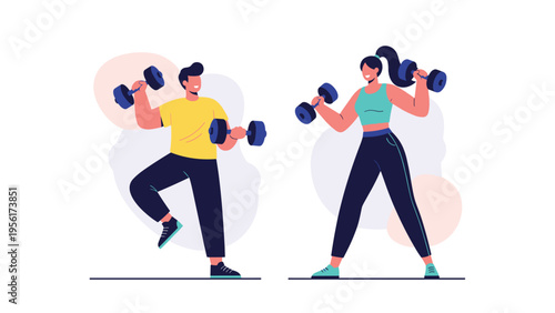 Man and woman in active sportswear exercising with dumbbells for strength training in a healthy lifestyle concept.
