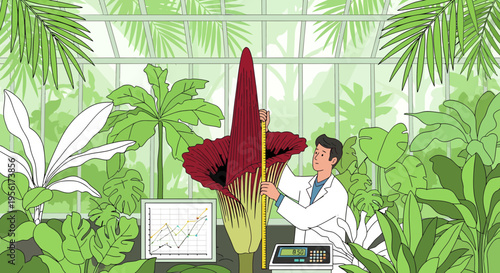Scientist examining a giant Amorphophallus titanum flower.