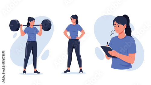 Fitness woman in blue sportswear performing strength exercises and tracking her workout progress with a clipboard.