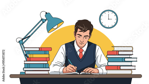 Dedicated businessman or student character focused on work while writing in a notebook at a desk filled with many books.