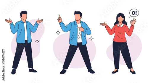 Three diverse people in casual and professional attire showcasing different hand gestures like okay, pointing, and shrugging.
