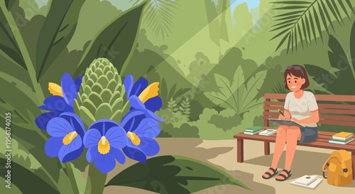 Vibrant Blue Flower with Green Bud and Yellow Accents.