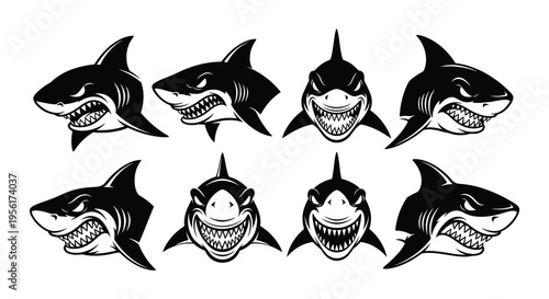 Aggressive shark heads in various poses a black and white illustration