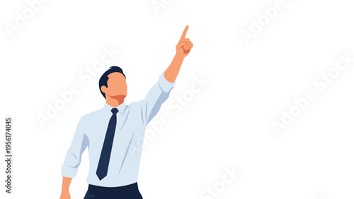 Confident man in a white shirt and tie pointing upwards towards a goal or high achievement against a plain background.