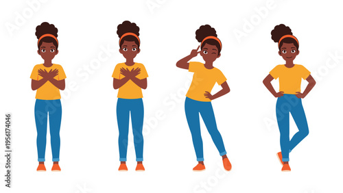 Character sheet showing a young girl with dark hair and a yellow shirt in four different expressive standing poses.