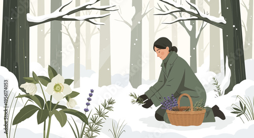 Woman Gathering Flowers in Snowy Forest 1.