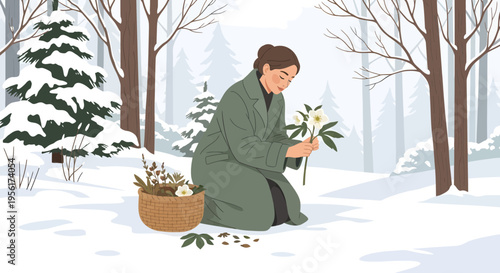 Woman Gathering Flowers in Snowy Forest.
