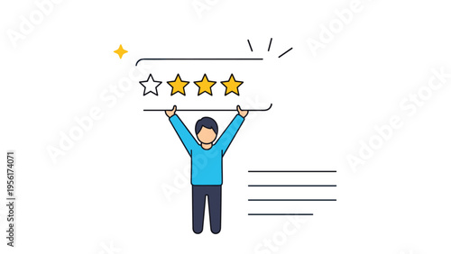 Young boy in a blue shirt holding up a large horizontal board with a four star rating for feedback and evaluation.