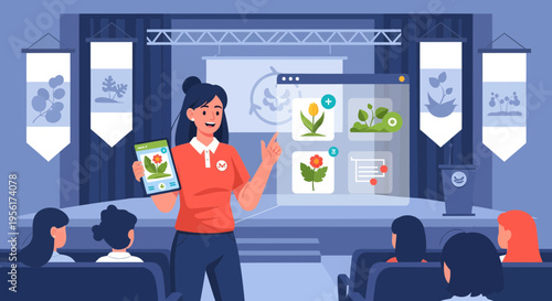 Woman presenting digital farming technology on stage.