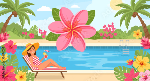 Woman Relaxing on Lounge Chair by Pool with Tropical Flowers.