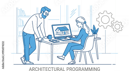 Male and female architects collaborating on residential house design using laptop computer and architectural programming software illustration.