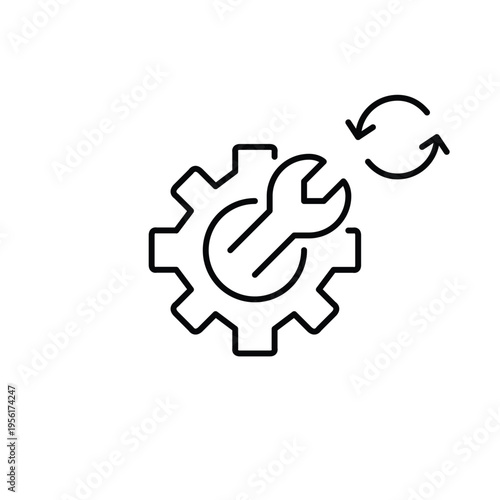 Wrench in cogwheel and renew arrows. Maintenance update, repair refresh. Pixel perfect, editable stroke vector icon