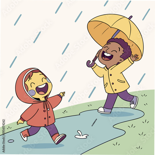 Vector illustration of two happy kids playing in rain puddle