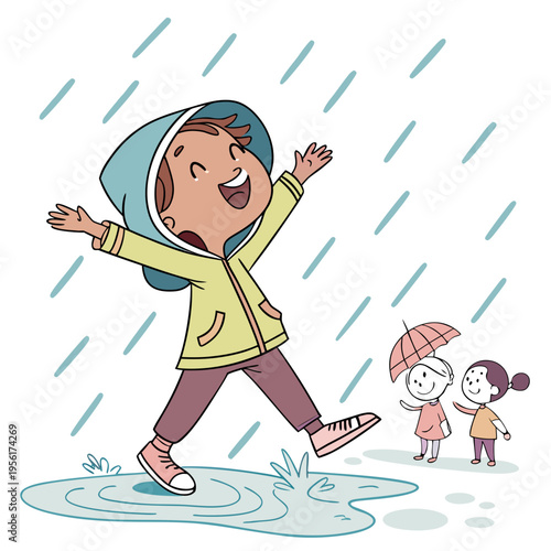 Cartoon kids playing in rain puddle vector illustration