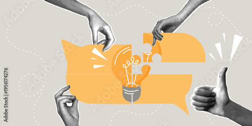 Concept of discussing a new idea, brainstorming, evaluating the profitability of a business idea. Trendy halftone collage. Discussion of a new idea, puzzle put together