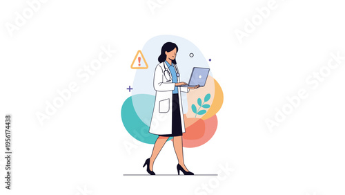 Professional female doctor in a white lab coat walking while working on a laptop against a background of abstract shapes.