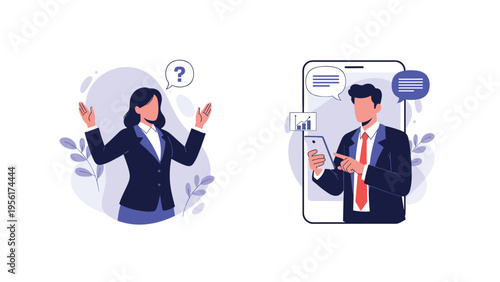 Communication concept featuring a confused woman shrugging next to a businessman on a giant smartphone screen.