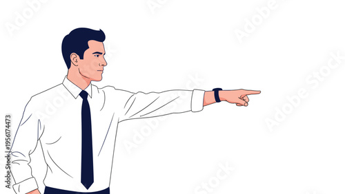 Serious businessman in a white shirt and tie pointing firmly to the right to indicate direction, command, or focus.