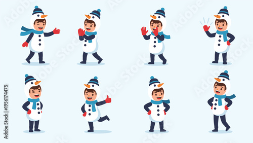 Fun set of illustrations showing a cute boy in a snowman costume with different winter holiday poses and expressions.