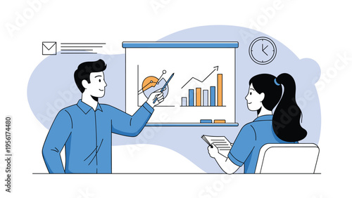 Business presentation where a man in a blue shirt points to a growth chart on a screen while a woman takes notes.